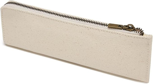 Canvas Pencil Case Slim Pencil Pouch Durable Zipper Stationery Bag Small Travel Use （Beige/Canvas）