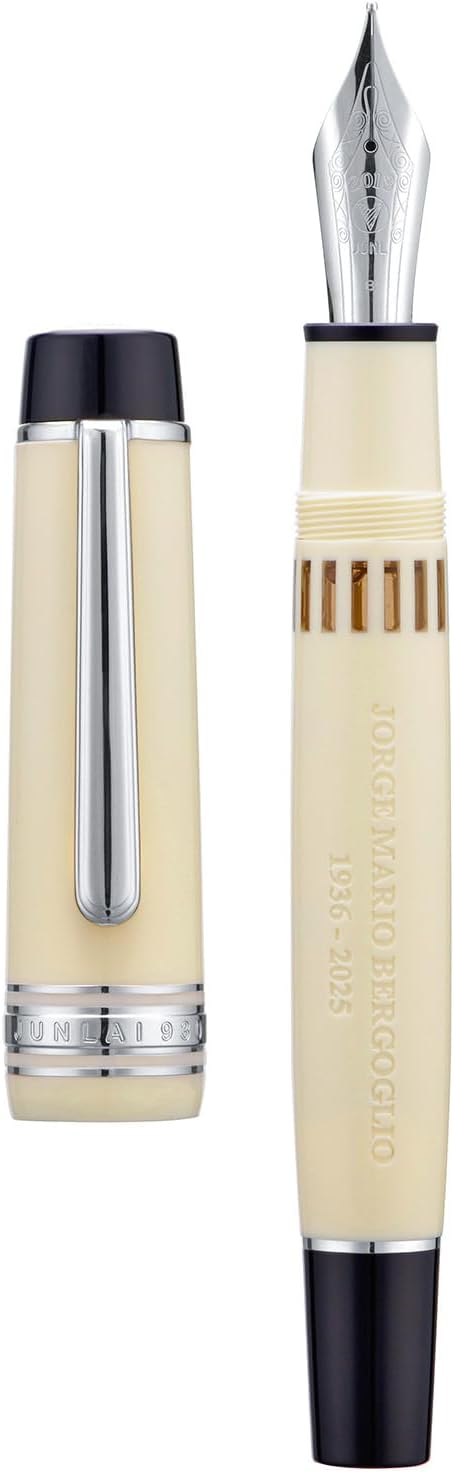 Wikult Yongsheng Junlai 930 Piston Fountain Pen, Ivory White Size 9 Broad Nib, Fence Ink Tank Flat Top Design with Pope Memorial Engraving Limited Edition (Silver Trim)