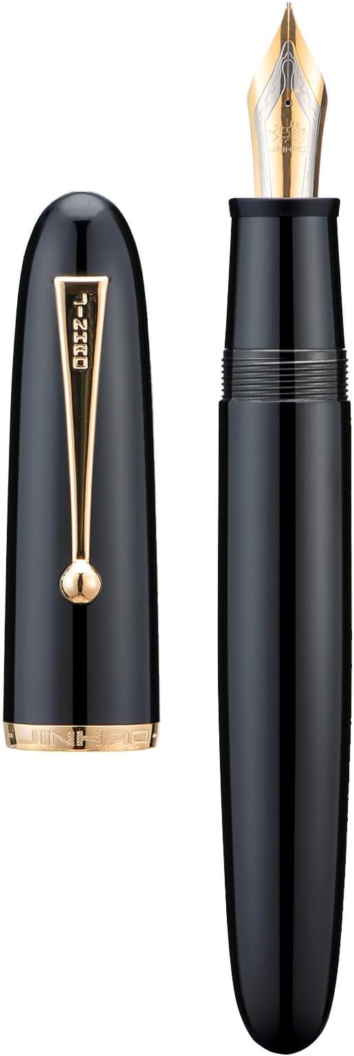 Jinhao 9019 Fountain Pen Black Acrylic Dadao Series Gold Trim #8 Fine Point Large Converter Smooth Writing Instrument
