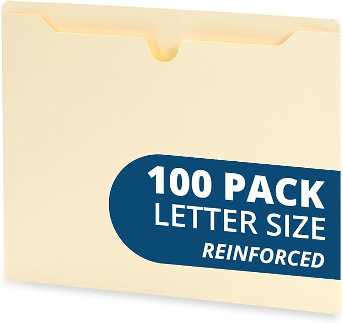 Blue Summit Supplies 100 File Jackets, Letter Size, Manila | Reinforced straight cut tab, 11pt, flat no expansion, for documents, mailing, and hanging file storage