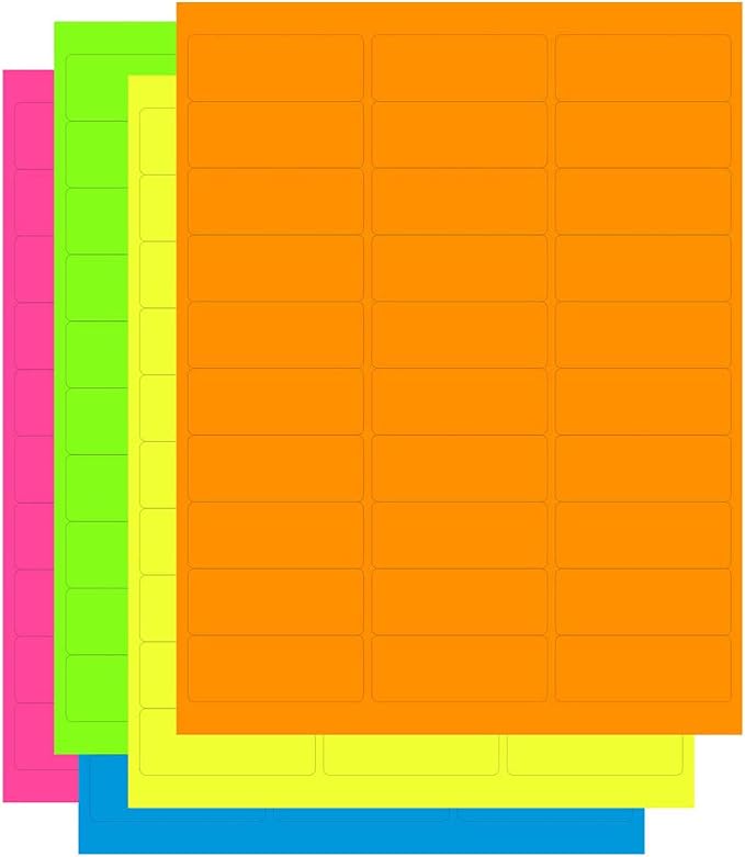 Assorted Fluorescent Address Labels | 5 Colors - Green, Orange, Blue, Yellow and Pink | 5 Sheets of Each Color | 1" x 2-5/8" - 30 Per Page, from NextDayLabels | 750 Labels