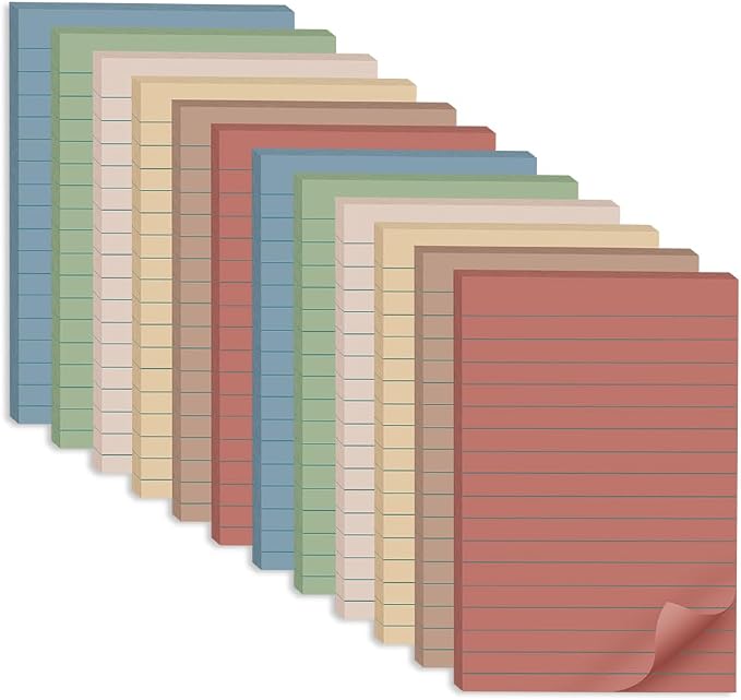 (12 Pack) Lined Sticky Notes 4x6 in,Large Notepads with Lines,Ruled Stickies Super Sticking Power,Office School Memo Note Pads Vintage Colors,Post on Windows Doors,Recyclable,Easy to Write on