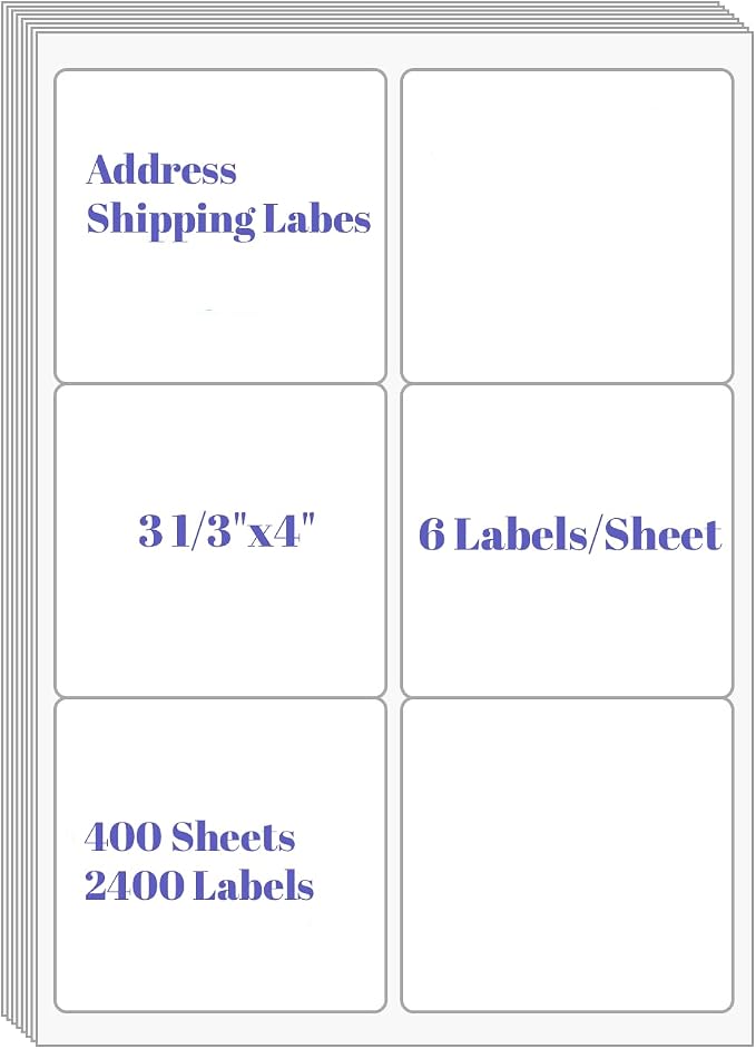 3-1/3" x 4"Address Labels, Shipping Labels for Laser/Inkjet Printer(400) | Self-Adhesive Mailing Labels, 6 up per Sheet Labels White Sticker Paper for Printers, Packages, FBA & Shipping Boxes