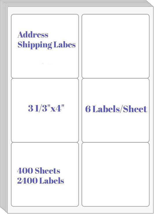 3-1/3" x 4"Address Labels, Shipping Labels for Laser/Inkjet Printer(400) | Self-Adhesive Mailing Labels, 6 up per Sheet Labels White Sticker Paper for Printers, Packages, FBA & Shipping Boxes