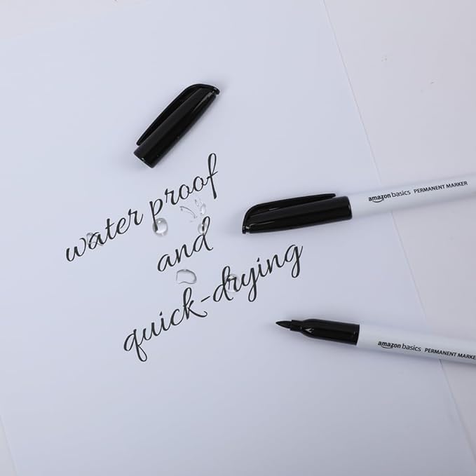 Amazon Basics Fine Tip Permanent Markers for Writing, Drawing, Quick Drying, Office, School, and Home Use, Black, 12 Pack