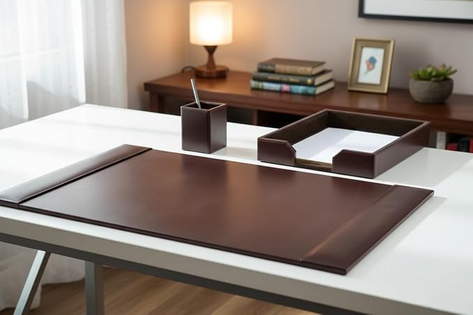 Dacasso Brown Bonded Leather Luxury 3 Piece Desk Set - Blotter Pad & Desk Organization Essentials - Executive Decor and Surface Protector