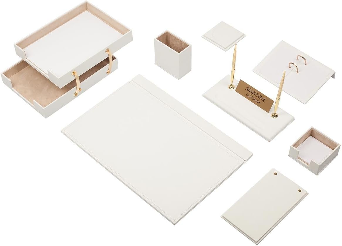 Luna Luxury Leather Desk Set for Men – 10 Piece Executive Office Desk Organizer Set with Document Tray, Desk Pad, Pen Holder, A5 Agenda with Fountain Pen Set – Multiple Color Options (White)