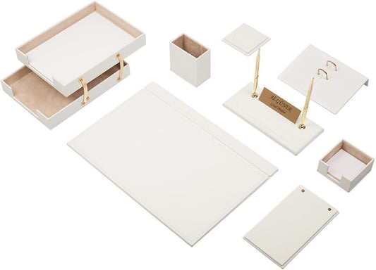 Luna Luxury Leather Desk Set for Men – 10 Piece Executive Office Desk Organizer Set with Document Tray, Desk Pad, Pen Holder, A5 Agenda with Fountain Pen Set – Multiple Color Options (White)