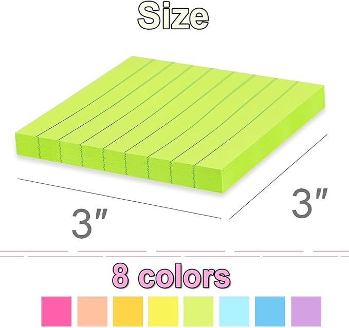 (16 Pack) Lined Sticky Notes 3x3 in Ruled Stickies Super Sticking Power Memo Pads Bright Colors, Post on Windows Doors,Recyclable,Easy to Write on