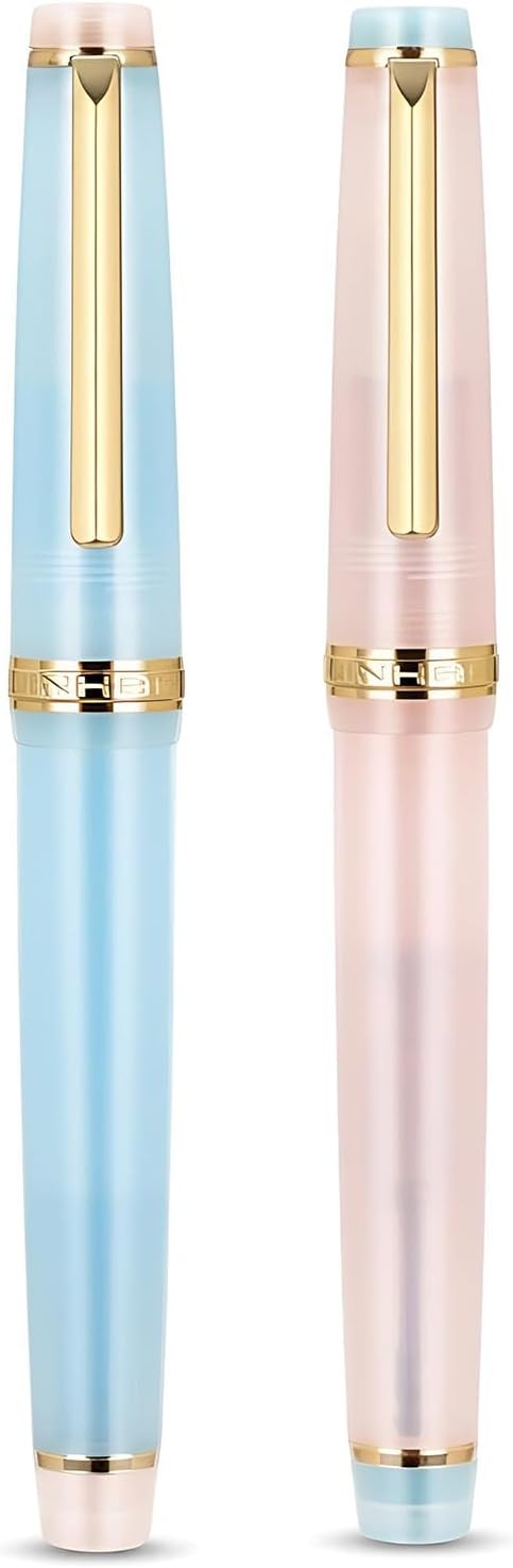 Jinhao 82 Acrylic Fountain Pen Set (2 Pack), Fine Nib Pen, Pink & Blue | Smooth refillable writing pens with converter for journaling, calligraphy & office use. Features a translucent body.