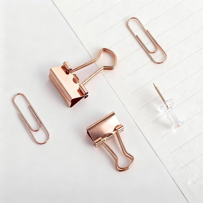 Cute Office Supplies Rose Gold, Paper Clips, Binder Clips and Push Pins Set, Paper Organizer Clips with Storage Box