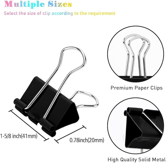 Large Binder Clips, 72 Pack, 1.6 Inch, Non-Standard 41mm, Black, Capacity 0.66 Inch, Paper Clip, Great Office Clips, Office Supplies