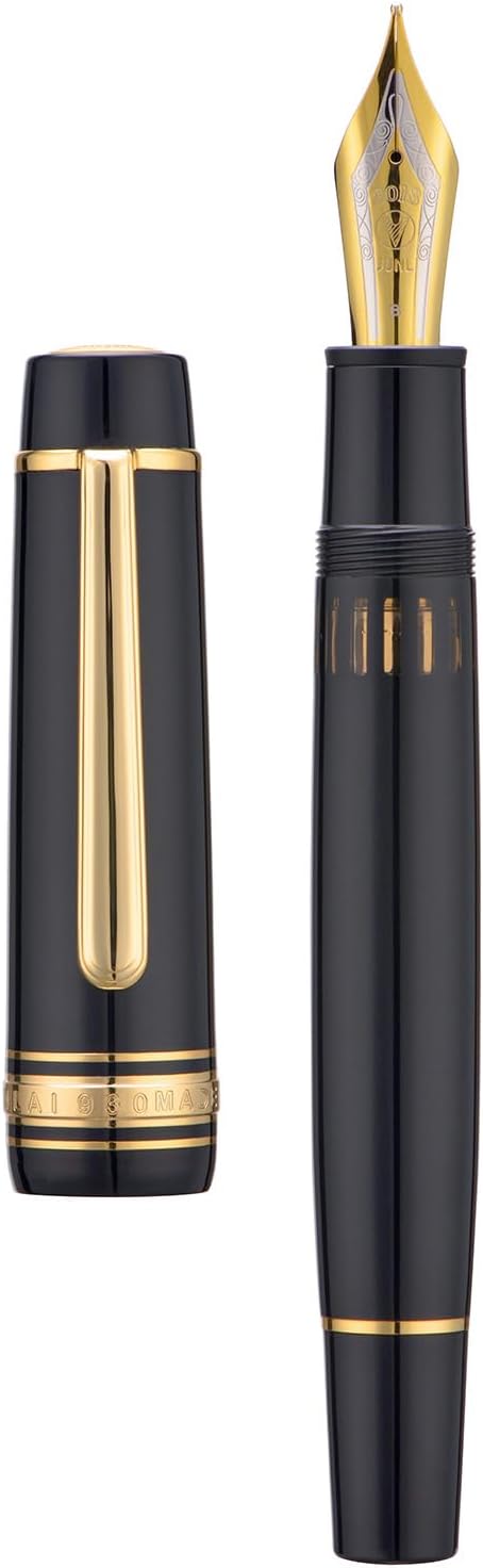Wikult Yongsheng Junlai 930 Acrylic Fountain Pen, Size 9 Fine Nib with Piston Filling System, Piano Black Fence Ink Tank with Flat Top Design Smooth Writing Pen (Gold Trim)