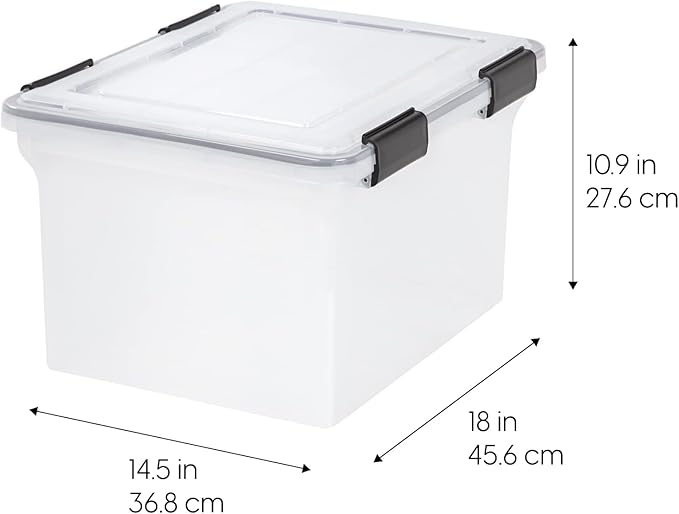 IRIS USA WeatherPro File Box Organizer, Letter/Legal, 32 Qt. 4-Pack, Clear | Organize important documents with water-resistant protection, secure latches, and stackable design for home or office storage