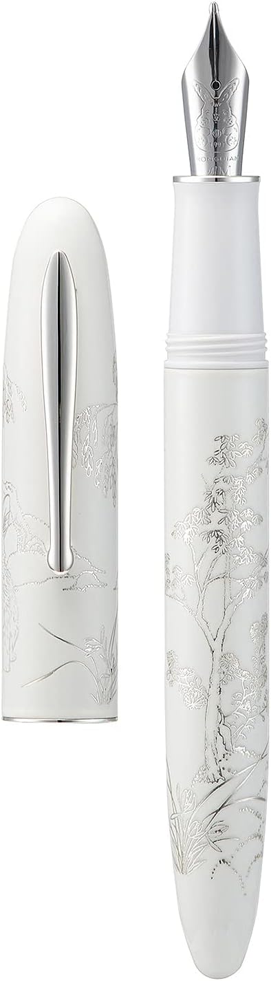 HONG DIAN N23 White Rabbit Fountain Pen, Long Blade Medium Nib Silver Trim, New Year Lucky Rabbit Carving Design, Smooth Writing Pen with Converter and Metal Pen Box Set