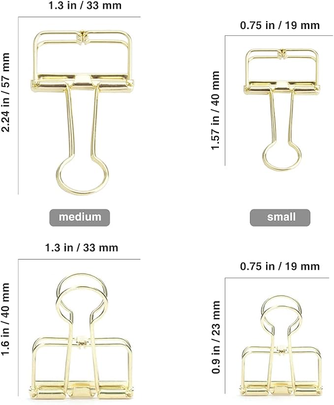 DEEDYGO 20 PCS Gold Wire Binder Clips, Assorted Sizes (10 Medium, 10 Small) | Stainless Steel Hollow Binder Clamps for Paperwork, Sewing, Crafts, Teacher, Office School Supplies, Food Packages