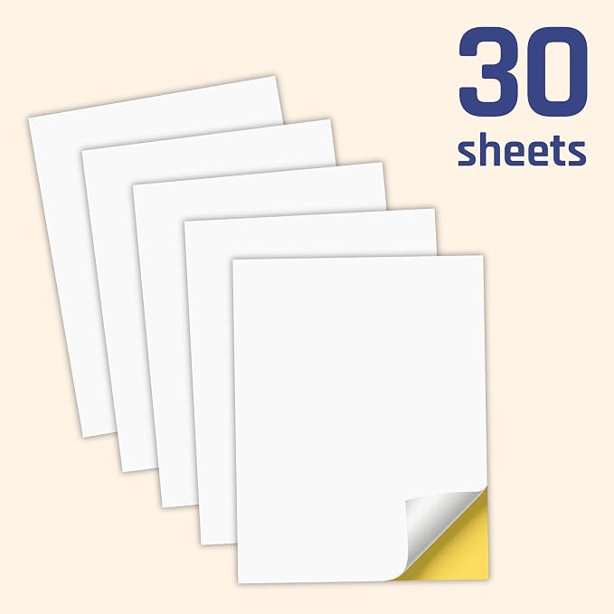 30 Sheets, Printable White Sticker Paper, Laser/Inkjet Printing - Matte, Letter Size (8.5" x 11")
