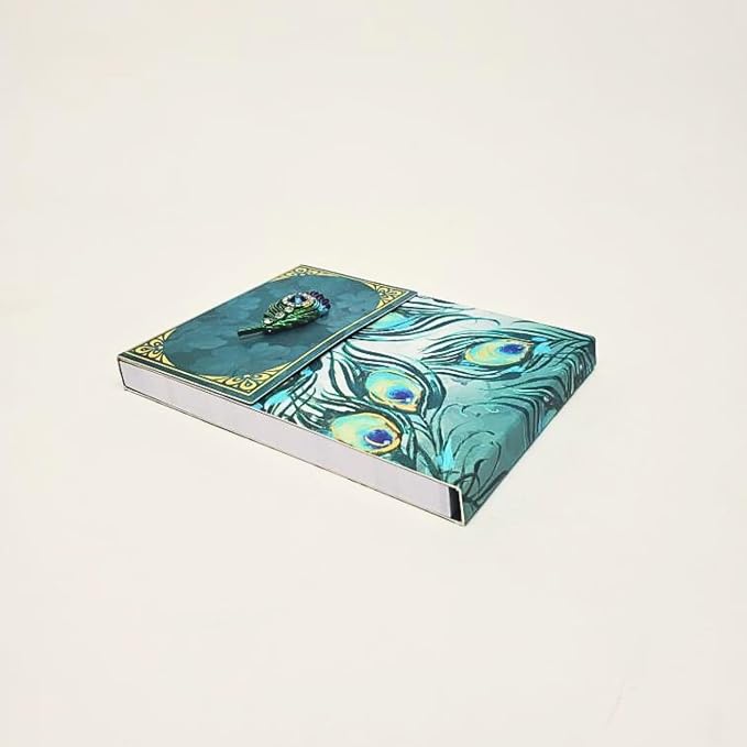 Punch Studio Flip-Top Notepad For Daily Notes or Notes on-the-go, with Magnetic Closure, Brooch Embellishment, Gold-Foil Accents & 75 Illustrated Sheets, 5" x 3.75" - Emerald Peacock (46625)
