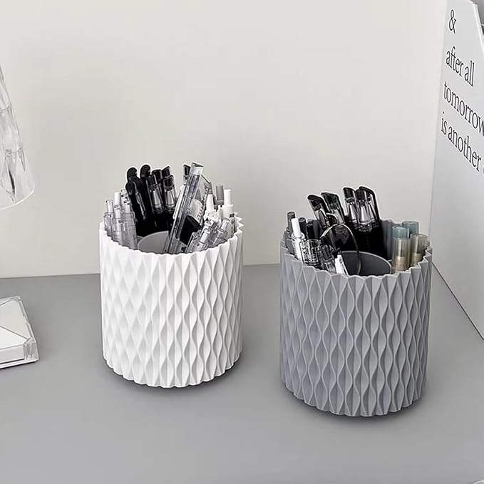 OWLFAVO Rotate Desk Organizer, Spinning Pen Holder Stationery, 360-Degree Pencil Accessories Storage Caddy Tray for College, Home, Office, Makeup Brush, 5 Compartments, Gray