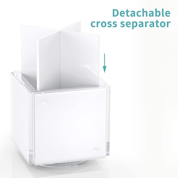 HIIMIEI Acrylic Picture Frames for Desk, 4-side Photo Cube for Home, Office | 360° Rotating Desktop Organizer, for Pencil, Makeup Brushes, White, 4"x 4"