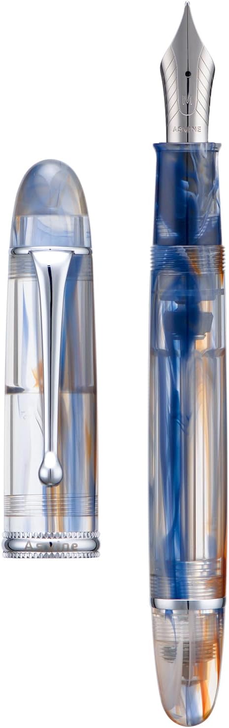 Asvine V800 Fountain Pen – Vacuum Filling System with Large Ink Capacity – Smooth Number 8 Fine Nib with Gift Case and Wrench – Blue Brown