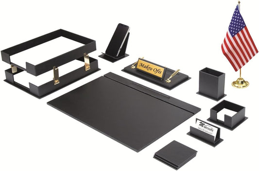 Galaxy Bonded Leather Executive Desk Set – 12-Piece Luxury Desk Organizer with Desk Pad, Double Document Rack, Name Plate, Pens & Office Accessories