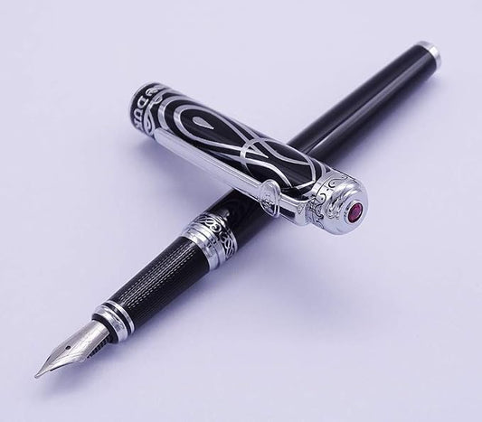Lanxivi Duke Sweet Heart Pattern Black Fountain Pen Ruby Silver Trim