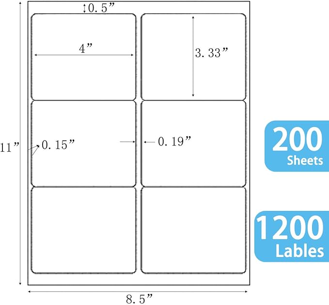 9527 Product 6 up 3-1/3" x 4" Sticker Labels Shipping Address Labels for Laser & Inkjet Printer, 200 Sheets, Total 1200 Labels