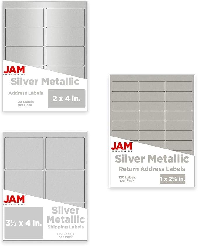 JAM PAPER Shipping & Mailing Address Labels - Multi Size Assortment - Metallic Silver - 360/Pack