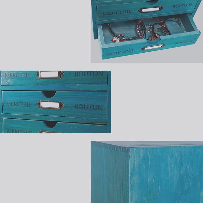 Small Wooden Drawers Wooden Box with Drawer Blue | 4 Drawer Storage Box for Apothecary Cabinet, Apothecary Drawers，Desktop Organizer with Metal Handles for Office，Home