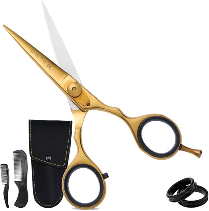 Ontaki Beard & Mustache Scissors for Men - 5.5" Japanese Steel, Gold Brass | Precision Sharp Blades, Ergonomic Finger Rest & Adjustable Tension Screw for Perfect Trimming - Beard Grooming Scissors