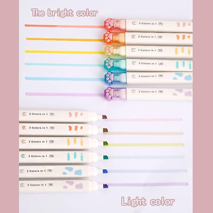 Double-headed Cute Light color eye protection Highlighter Markers, 6-Pack of 12 Flat Heads, Bright and Vintage Markers for School Office Journal Supplies (12 colors double head)