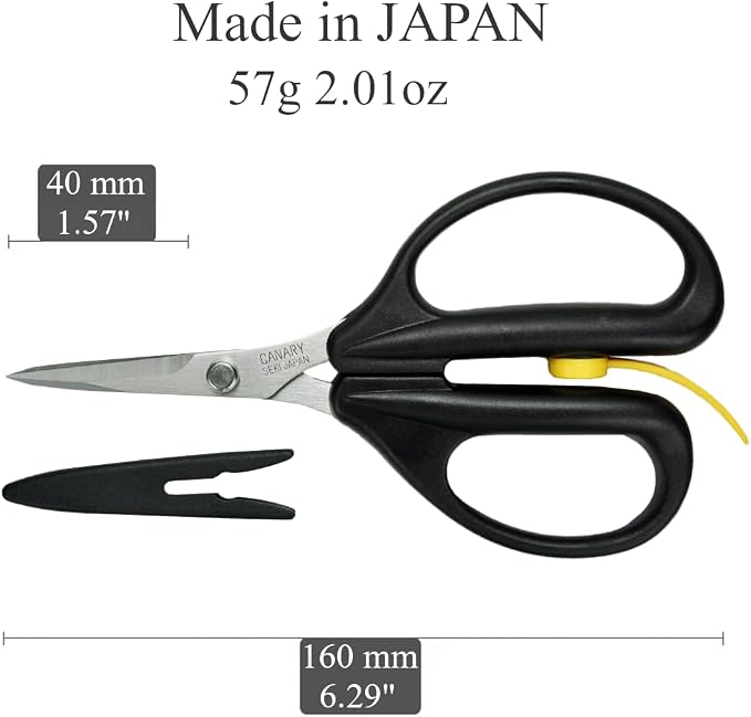 CANARY Spring Loaded Craft Scissors with Cover 6.3" [Sharp Tips], Made in JAPAN, Razor Sharp Japanese Stainless Steel Blade, Black