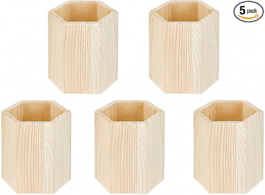 5 Pack Wooden Pencil Holder Cups, DIY Desk Organizer, 3.9in | Wooden Pencil Holder | DIY Pencil Cup