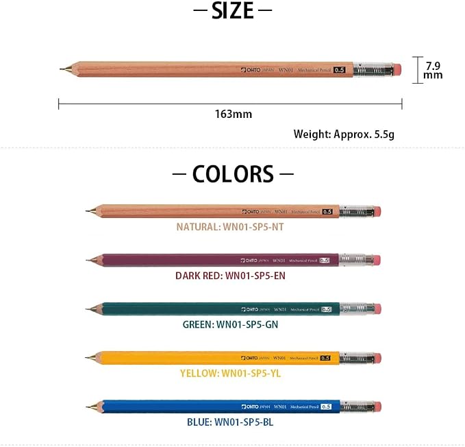 OHTO WN01 Wooden Mechanical Pencil, 0.5mm Fine Point, Standard Long Barrel, Green Body, Made from Incense Cedar, WN01-SP5-GN