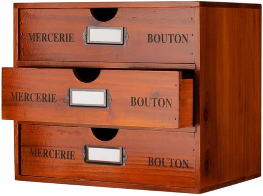 Large Wooden Drawers Wooden Box with Drawer Brown | 3 Drawer Storage Box for Apothecary Cabinet, Apothecary Drawers，Desktop Organizer with Metal Handles for Office，Home