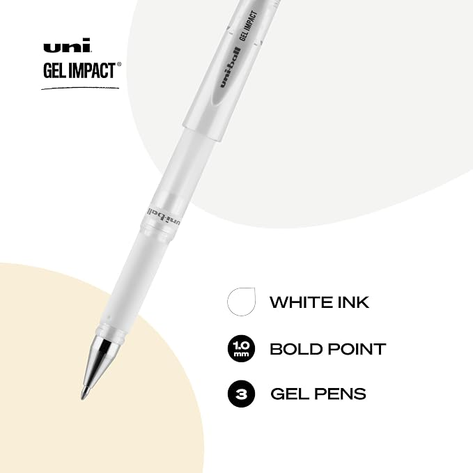 uniball Signo Gel Impact Pens, Bold Point (1.0mm), White Metallic Ink, 3 Pack