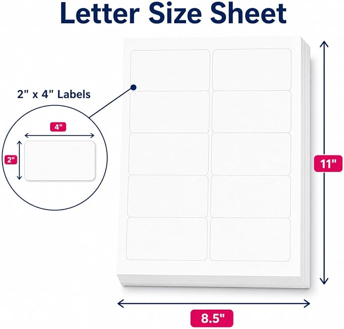 100 Sheets 1000 Pcs2 x4 10 Up White Shipping Labels for Laser & Inkjet Printers, Risepekt 2" x 4" FBA Labels on US Letter, 10 per Sheet Return Address Labels, 10 per Page
