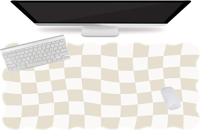 L-SPOUTTO Beige Checkered Mouse Pad,Scalloped Desk Mat XXL Large Geometric Gaming Mousepad,35.4x15.7in Non-Slip Rubber Base Keyboard Pad Waterproof Desktop Mat for Laptop Computer Game Home Office