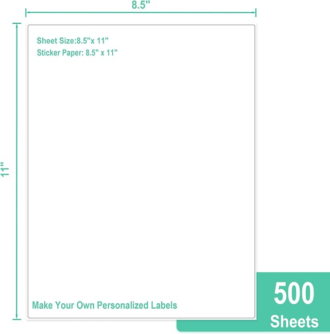 L LIKED 500 Sheets 8.5 x 11 Full Sheet Label, Matte, White Sticker Paper for Laser & Inkjet Printer, Strong Adhesive (500 PCS)