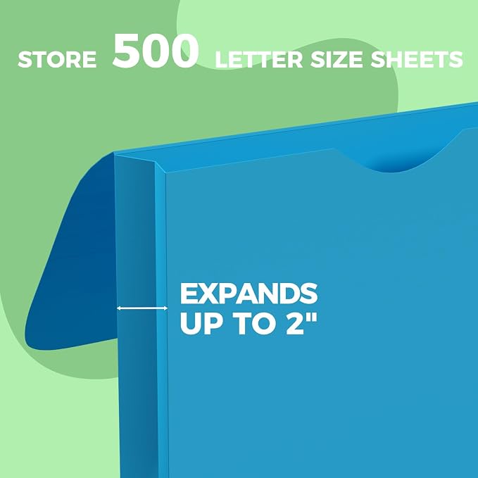 Ansook Plastic File Jackets, Expandable File Folders Letter Size with 2" Expansion, File Folder Organizer with Flap & String Tie, 12 Pack Poly Pocket File Folders for Office School Home – 12 Colors