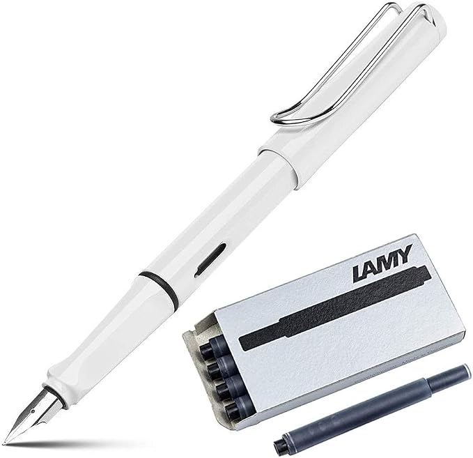 Lamy Safari Fountain Pen (19M) White & 5 Black Ink Cartridges