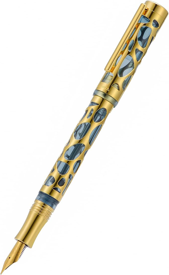 Asvine V169 Vacuum Filling Fountain Pen Extra Fine Nib, Water Drop Skeleton Gold Trim Transparent Gray Blue Acrylic Pen Case Set