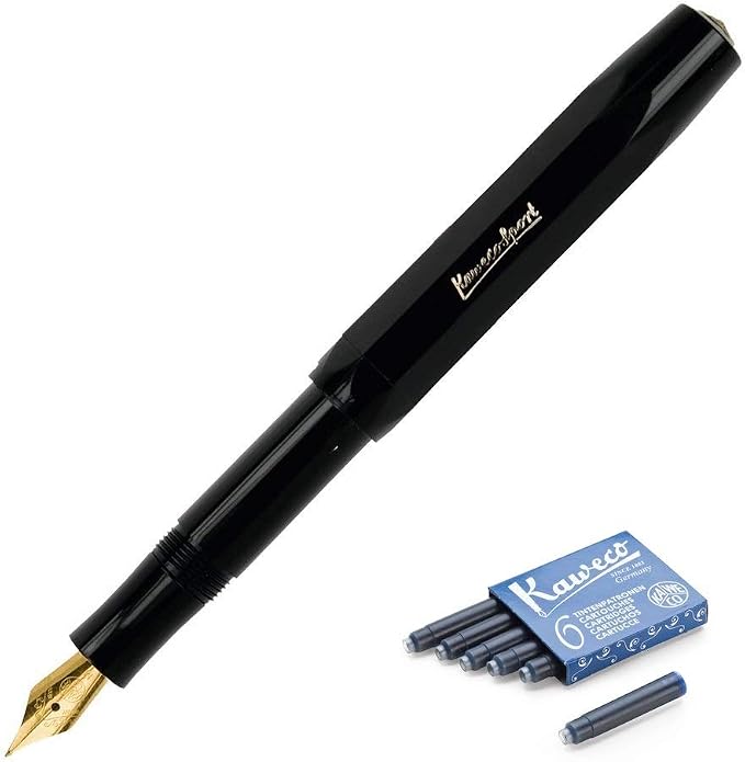 Kaweco Classic Sport Fine Nib Fountain Pen + Pack of 6 Blue Ink Cartridges Set (Black)