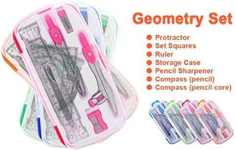 Akuoly Maths Compasses Full Starter Geometry Kit with 2 Drafting Compasses Protractor 2 Set Squares Ruler Pencil and More for Students Maths Study Homework etc. Pink