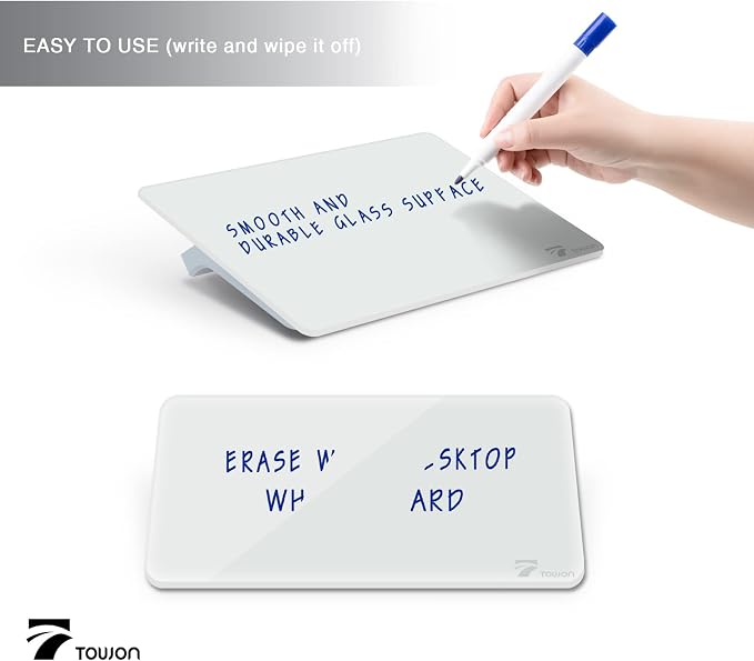 TOWON Small Glass Dry Erase Board, Desk White Board with Standing, Mini Whiteboard Easel Pad Set, Stenography Artifact for Office, Home and School Supplies, 8x6 Inches, White