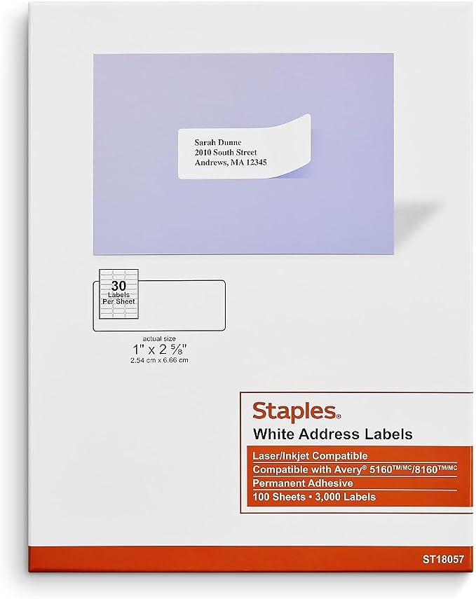 Staples Laser & Inkjet Address Labels, 1 x 2-5/8 Inch, White Mailing Labels, 30 Labels per Sheet, 6,000 Labels per Carton