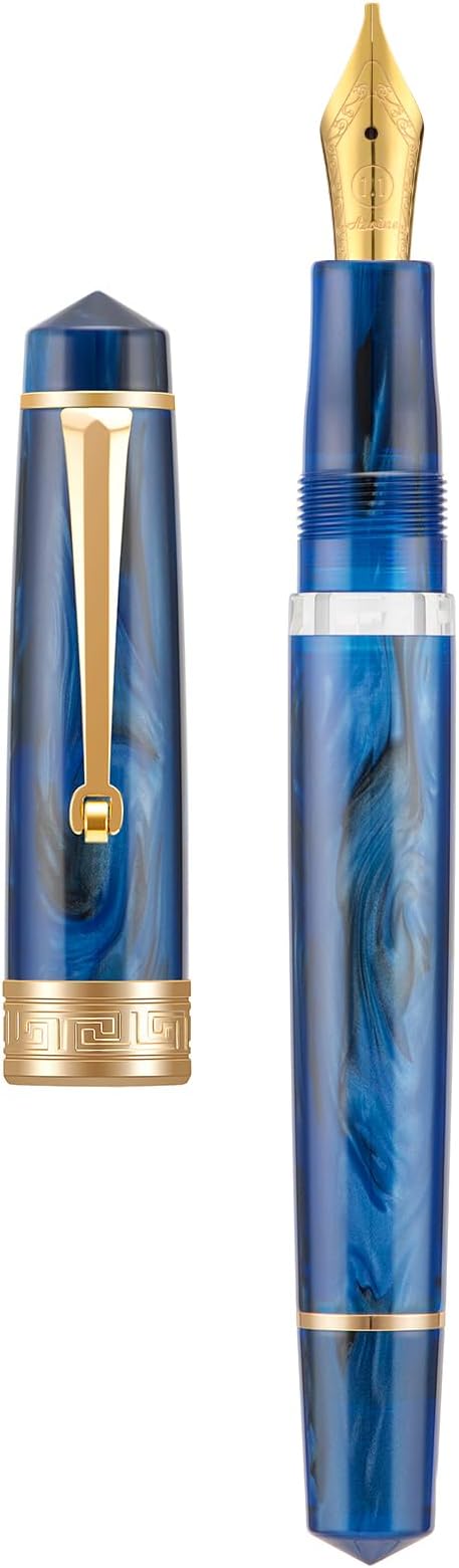 Asvine P20 Piston Fountain Pen, Stub Nib 1.1mm Calligraphy Art Drawing Galaxy Blue Acrylic with Case Set