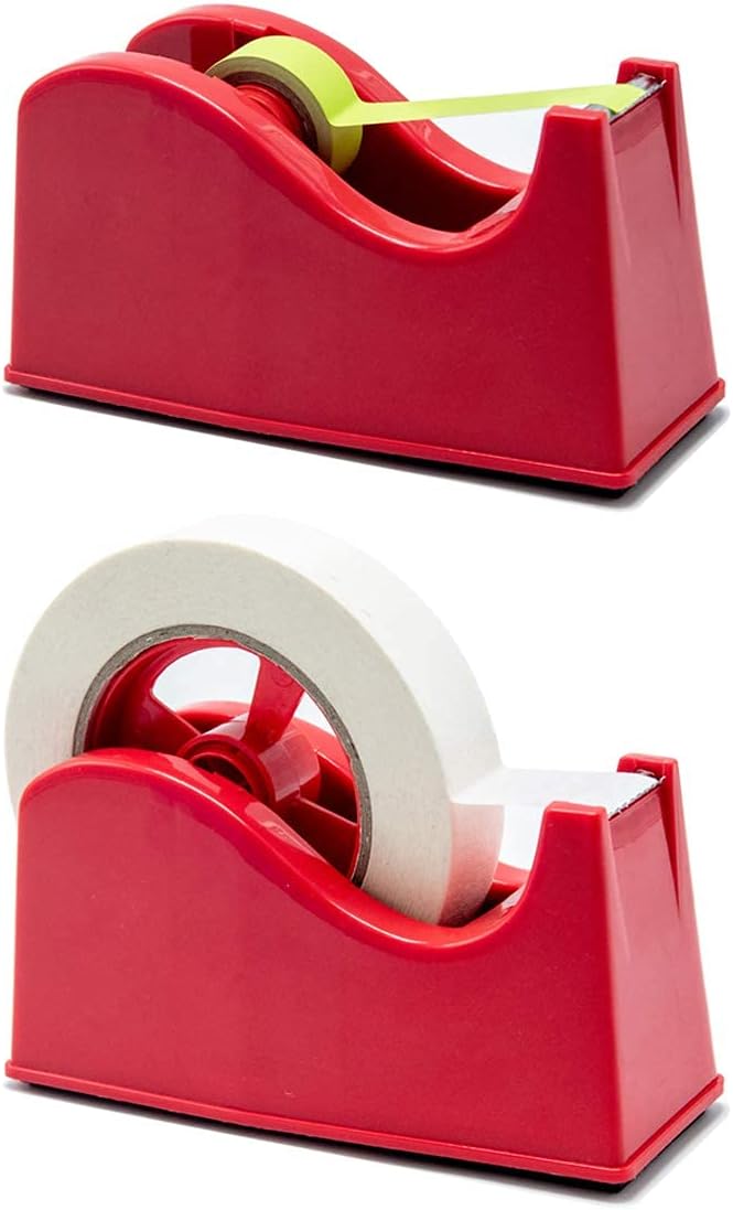 Desktop Tape Dispenser Adhesive Roll Holder (Fits 1" & 3" Core) with Weighted Nonskid Base (1Pack-Red)