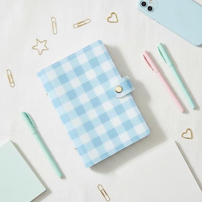 Pearhead Blue Gingham 5x7 Binder Journal with Snap Closure – 1 Inch Round Ring 6 Ring Refillable Notebook – 100 Lined College Ruled Pages, Thick 100 GSM Paper – Small PVC Planner Organizer, Journal Gift For Women